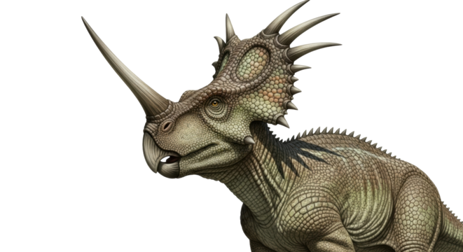 Isolated Styracosaurus, prehistoric extinct animal with a single horn on its nose and frill