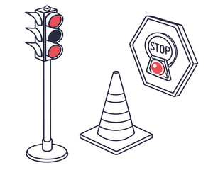 Isometric traffic signs with cone, stop sign and traffic light