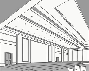 Monochrome illustration of a conference hall with stage and seating, perspective view