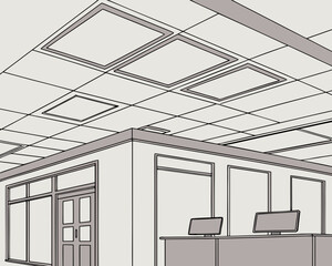 Office interior with ceiling tiles and computer