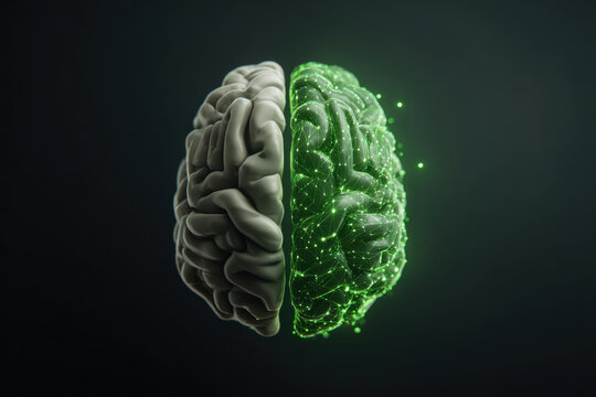 Conceptual illustration of the human brain with digital network connections. the human brain with one side rendered in a digital, connected network.