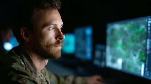 Soldier operating high-tech monitor with defocused drone imagery, faceless military technology, surveillance visualization detail, blurred screen background, capabilities concept,