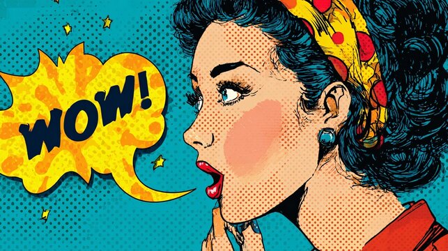 Vibrant pop art illustration of a woman with comic style speech bubble saying WOW