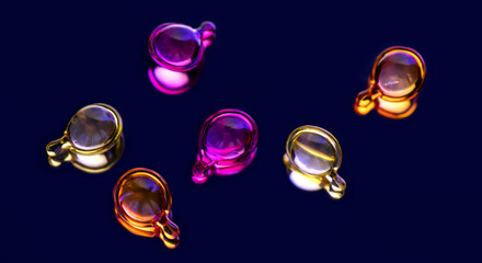Cosmetic capsules for face or hair care, colorful liquid-filled capsules, oil, serum, pink and yellow varieties, on black glossy, reflective surface. Capsules on grey background, vibrant, aesthetic