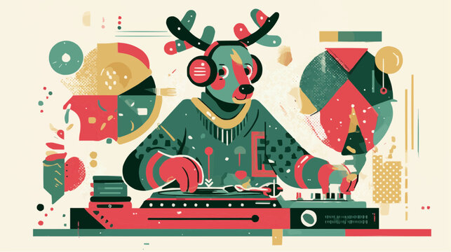 Funny reindeer DJ at a Christmas party with headphones and turntable, flat naive vector for festive packaging, poster or children’s decor.Part of the Holiday Party Characters series