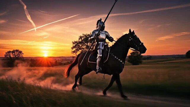 A knight in full armor riding a majestic horse with a spear on a dusty path during a vibrant sunset