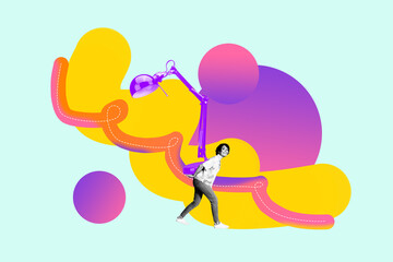3d pop zine sketch artwork collage of happy businesswoman carry lamp burden light bulb idea finding illumination blackout