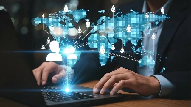 Businessman using laptop with global network connections and people icons overlayed on world map - Powered by Adobe