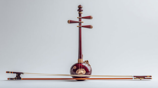 A traditional Chinese erhu stands upright against a clean white background, showcasing its elegant dark red wooden body, long slender neck, and two tuning pegs. 
