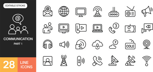 Communication line icons set, editable stroke, email, globe, video call, phone, satellite, wifi, router, megaphone, social media collection