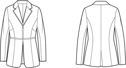 Fashion flat sketch of women’s fitted blazer jacket with notch lapel collar, long sleeves, waist seam, front zipper closure, vector technical drawing