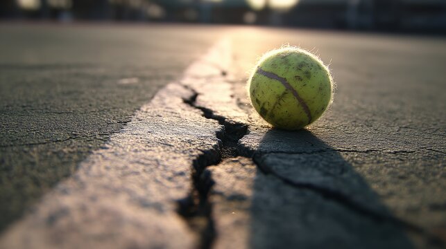 Tennis ball resting on cracked court at sunset in outdoor sports area