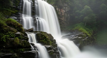 Fototapeta premium Twin Falls from a low-angle perspective halfway up the waterfall, capturing the cascading flow with a slow shutter for silky water effect and sharp foreground texture. 