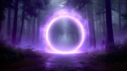 Fototapeta premium Mystical glowing purple ring illuminates a dark, misty forest path