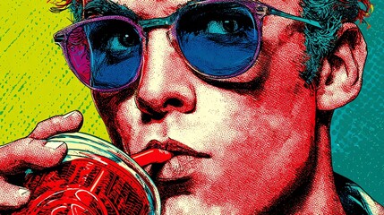 Vibrant pop art portrait of man drinking soda with straw