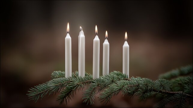 Advent candles, serene, on evergreen branches, in a dark forest setting