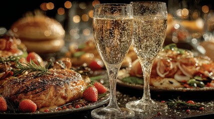 Festive dinner with champagne, glamorous, for holiday celebrations, with blurred lights in the background
