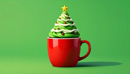 A whimsical Christmas tree treat made of green whipped cream and topped with a star, served in a bright red mug on a minimalist green background for the holidays