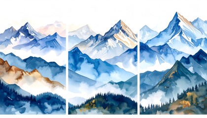 Majestic mountain ranges painted in watercolor with misty valleys and forest.