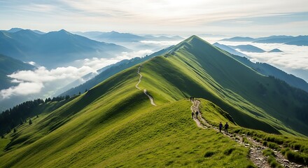 Green mountain ridge trail above clouds at sunrise