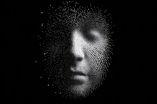 Fingerprint graphic with biometric data and security concept on black background. graphic shows a fingerprint split in two with a yellow and black color scheme, representing security and identity.