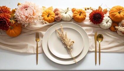 Elegant autumn table setting featuring decorative white and orange pumpkins with dried floral accents, perfect for a festive fall dinner celebration