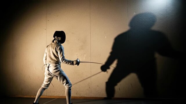 Woman fencer in protective gear against her own shadow on wall, engaging in sword fight training sequence for sport competition.