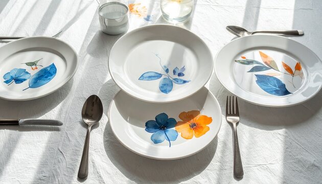 A beautifully set dining table with unique hand-painted watercolor floral plates, silverware, and glasses on a white tablecloth in bright sunlight
