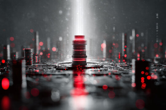 Abstract digital currency concept with glowing red light and coins. A stack of coins with a red glowing core sits on a circuit board, representing digital finance.