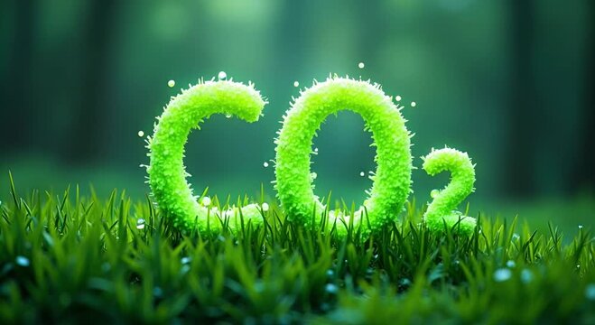 3D rendering of luminous green CO₂ chemical symbol growing out of fresh grass symbolizing carbon capture photosynthesis and climate action