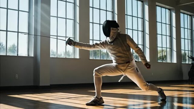 Fencer man demonstrates various lunging and attacking positions during practice in a sunlit indoor sport area.