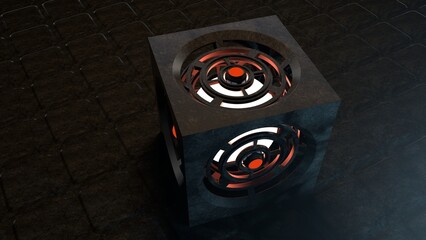 3d rendering of a abstract and stylish science fiction horror themed cube object with glowing lights in a dark and misty environment