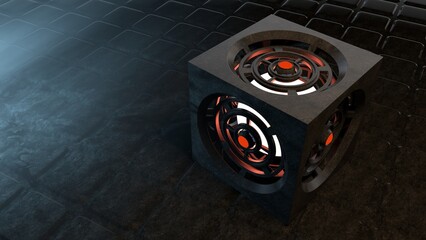 3d rendering of a abstract and stylish science fiction horror themed cube object with glowing lights in a dark and misty environment