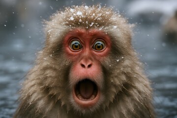 A close-up of a Japanese snow monkey with a surprised expression, its mouth open and eyes wide, with snow on its head.