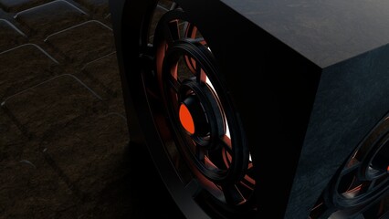 3d rendering of a abstract and stylish science fiction horror themed cube object with glowing lights in a dark and misty environment