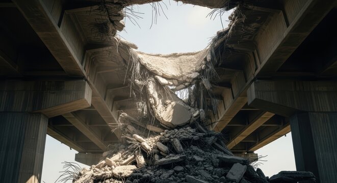 Damaged Overpass with Debris and Exposed Rebar