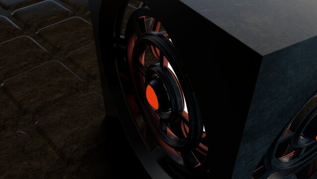 3d rendering of a abstract and stylish science fiction horror themed cube object with glowing lights in a dark and misty environment