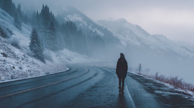 Contemplative walk on a remote mountain pass through fog and snow