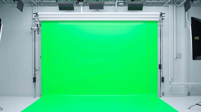 Empty Green Screen Studio Setup with Professional Lighting Equipment.
