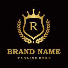 Gold shield emblem with letter r, crown, and laurel wreath, luxury brand name and tagline on