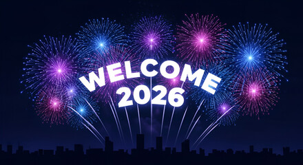 Spectacular fireworks display illuminates the night sky welcoming the arrival of the new year 2026 with vibrant colors and festive celebration