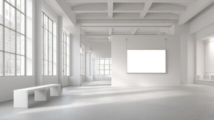 Fototapeta premium Contemporary gallery setting with blank wall, empty display stand, and wide hall for upcoming exhibitions under sunny skylight