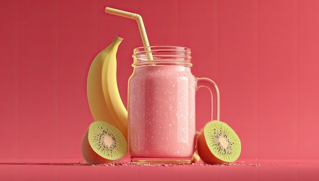 Pink smoothie in jar with straw, banana, and kiwi halves on a pink backdrop