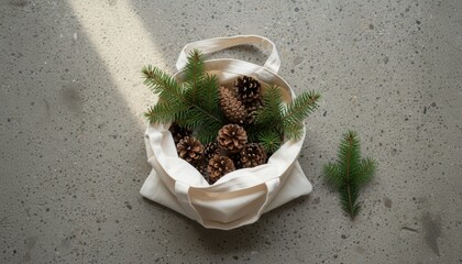 Canvas tote bag filled with pinecones and evergreen branches on concrete surface
