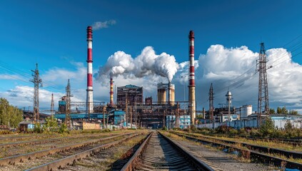 Industrial complex with smoking stacks, power lines, rail tracks against a blue sky
