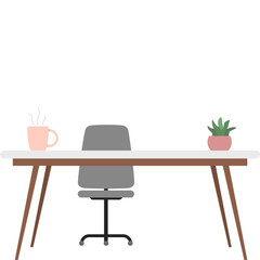 Cozy workspace setup with plant, mug, chair, and table minimal