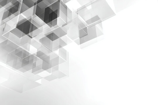 Abstract geometric background with transparent overlapping shapes in grayscale. modern design features a complex arrangement of translucent geometric forms against a white backdrop.