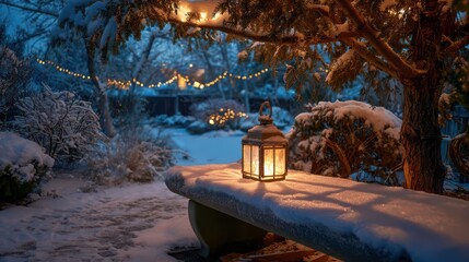 Cozy amber lantern under snowy branches during a Christmas twilight