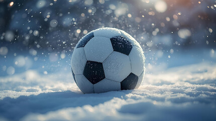 Fototapeta premium soccer ball in the snow on a snowy day in the winter cold day