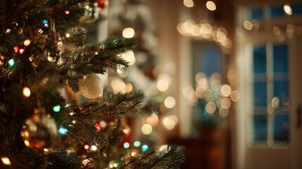 Cozy Christmas tree glowing with warm string lights in a softly lit living room